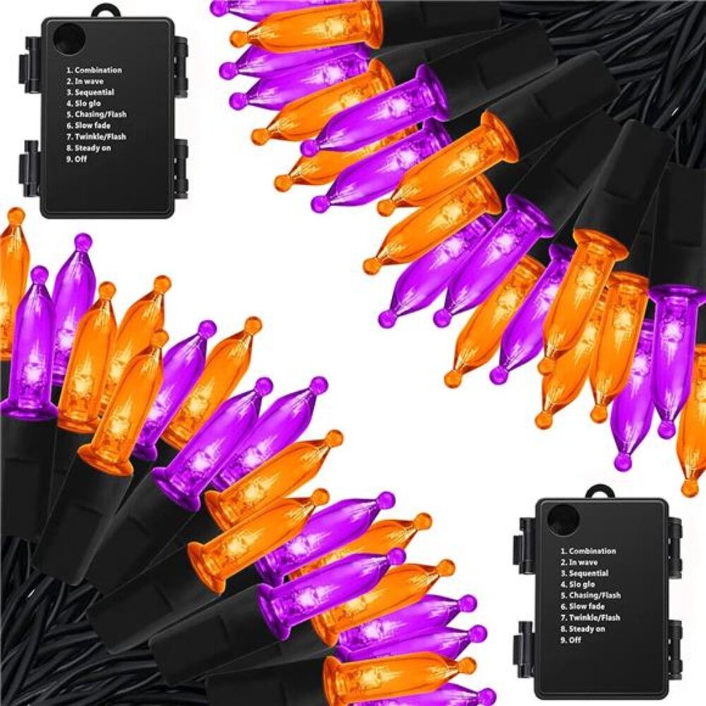 Orange Purple Battery Operated Halloween Lights, 2 Pack 17ft 50 LED Mini String